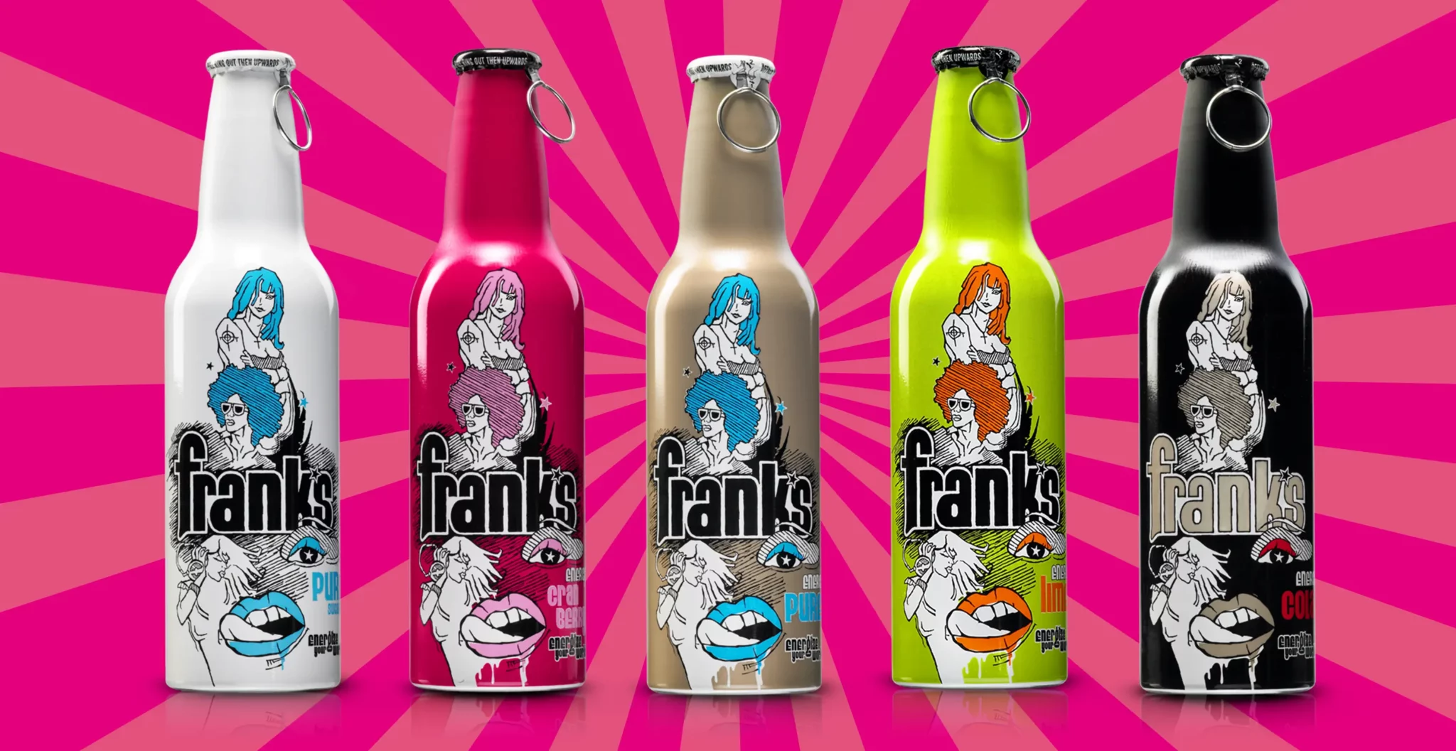 Fünf verschiedenen Flaschen von Franks Energizers. Corporate Design und Packaging Design by Ansichtssache.