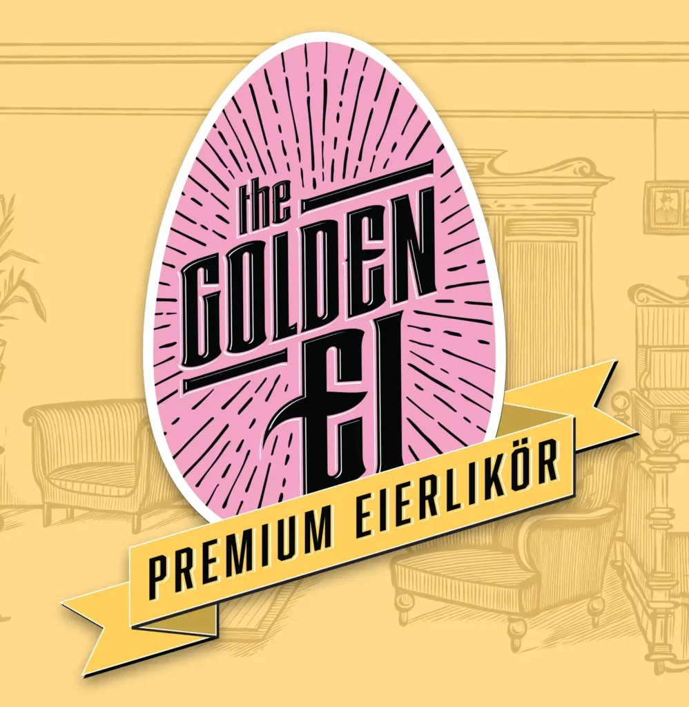 The Golden Ei Premium Eierkörung - Luxus Brand Design Vintage Logo Design The Golden Ei mit Premium Eierlikor Banner auf goldenem Hintergrund mit klassischen Möbeln