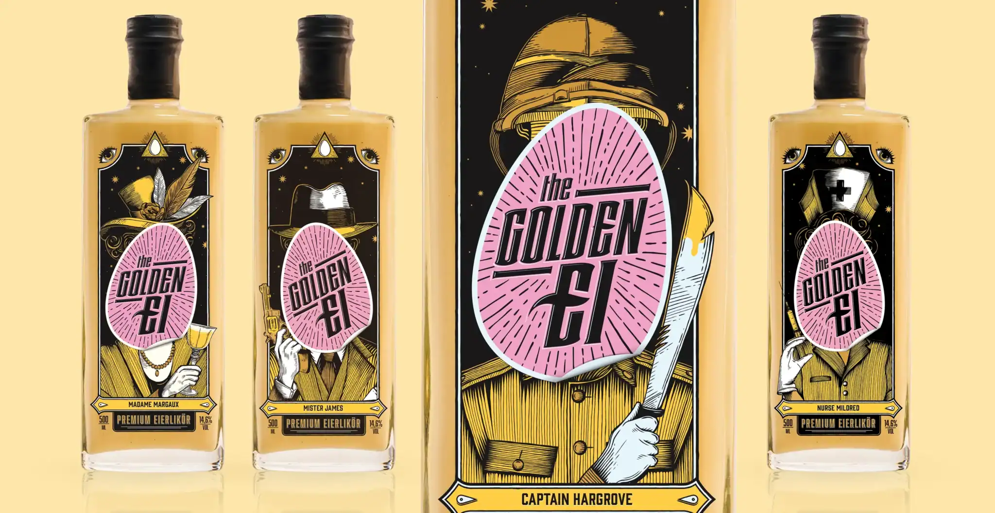 The Golden Ei Premium Eierlikör – Packaging Design mit 4 Charakteren, Ansichtssache München