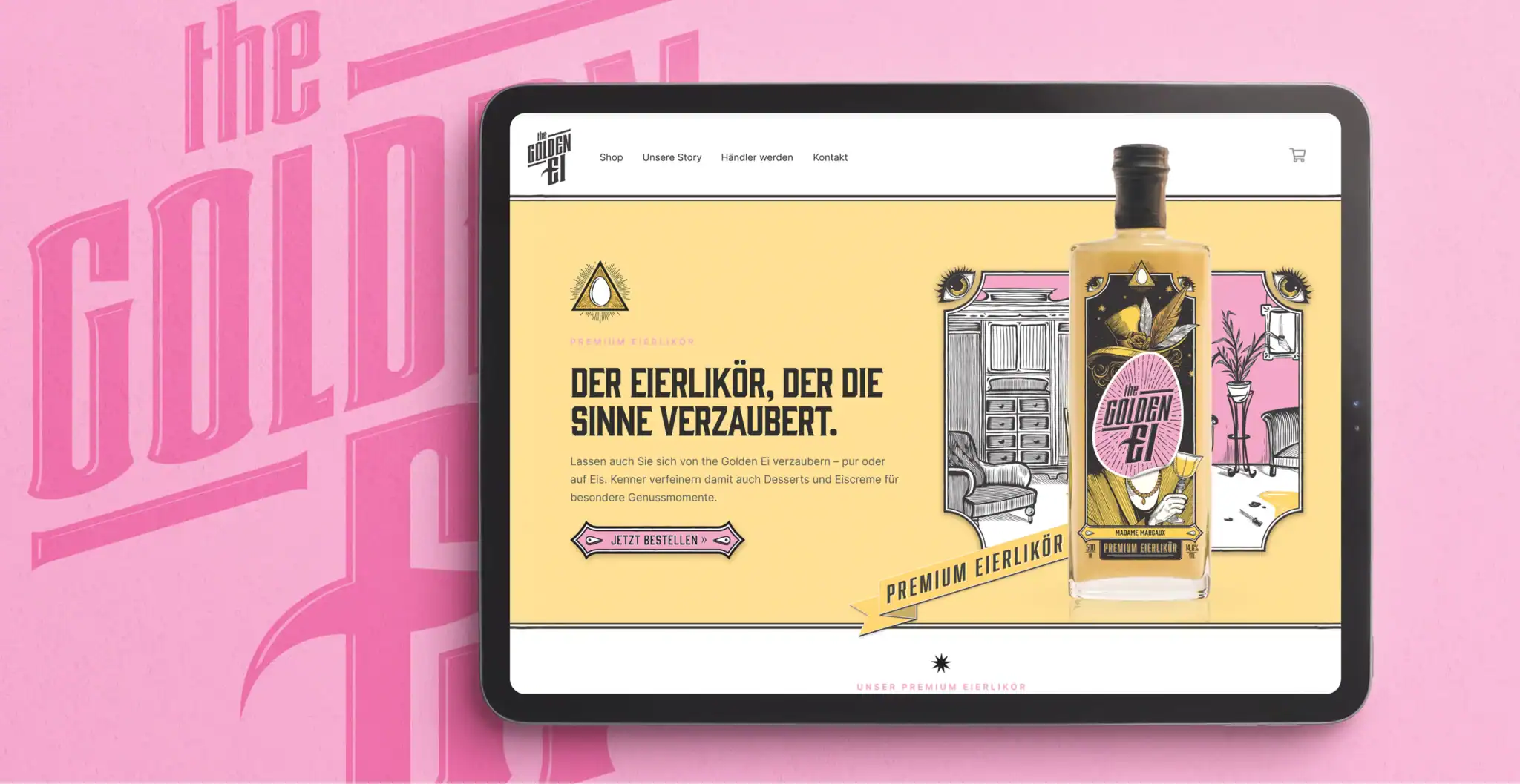 Web Design für Premium Eierlikör 'The Golden Ei' – responsive Website auf iPad mit gelbem Branding