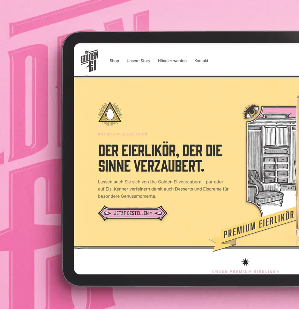 Webdesign für The Golden Ei – Premium Eierlikör Website auf iPad, Design Agentur München Ansichtssache