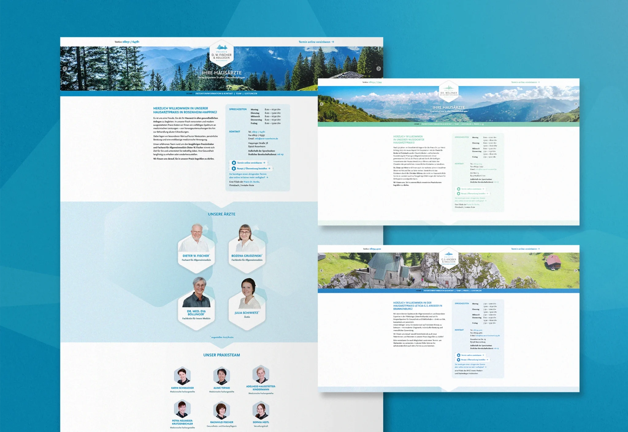 Drei Website-Ansichten für Hausarztpraxen mit Bergpanorama, Ärzteporträts in Sechsecken und blauem Corporate Design