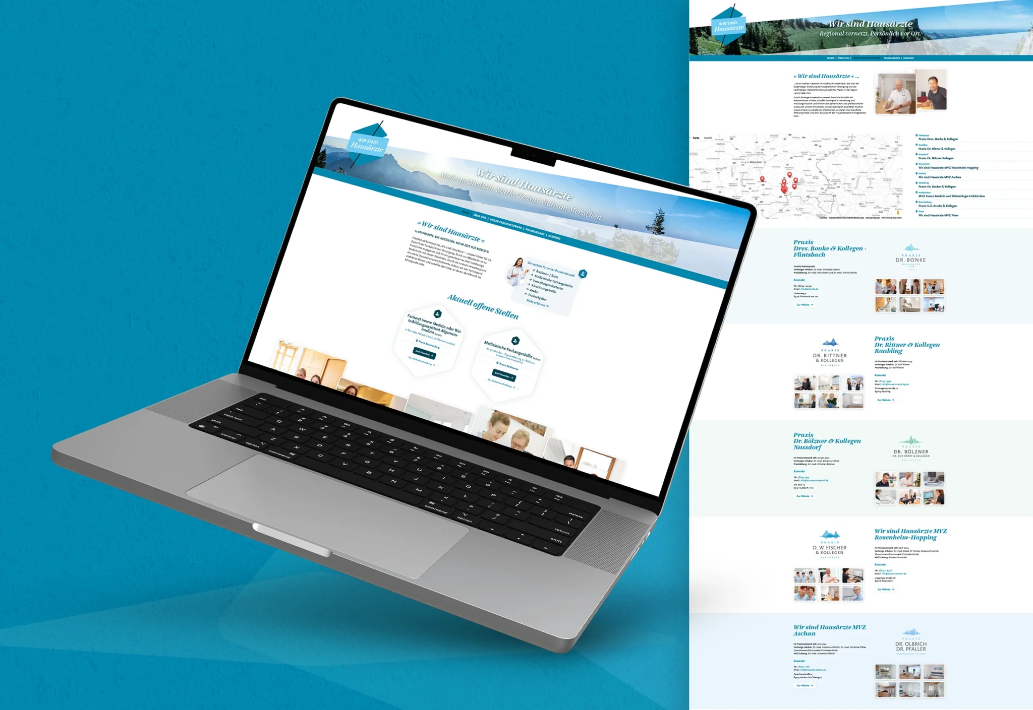 Laptop mit Website „Wir sind Hausärzte“ und Full-Page-Ansicht mit Praxisübersicht, Karte und Praxislogos auf blauem Hintergrund
