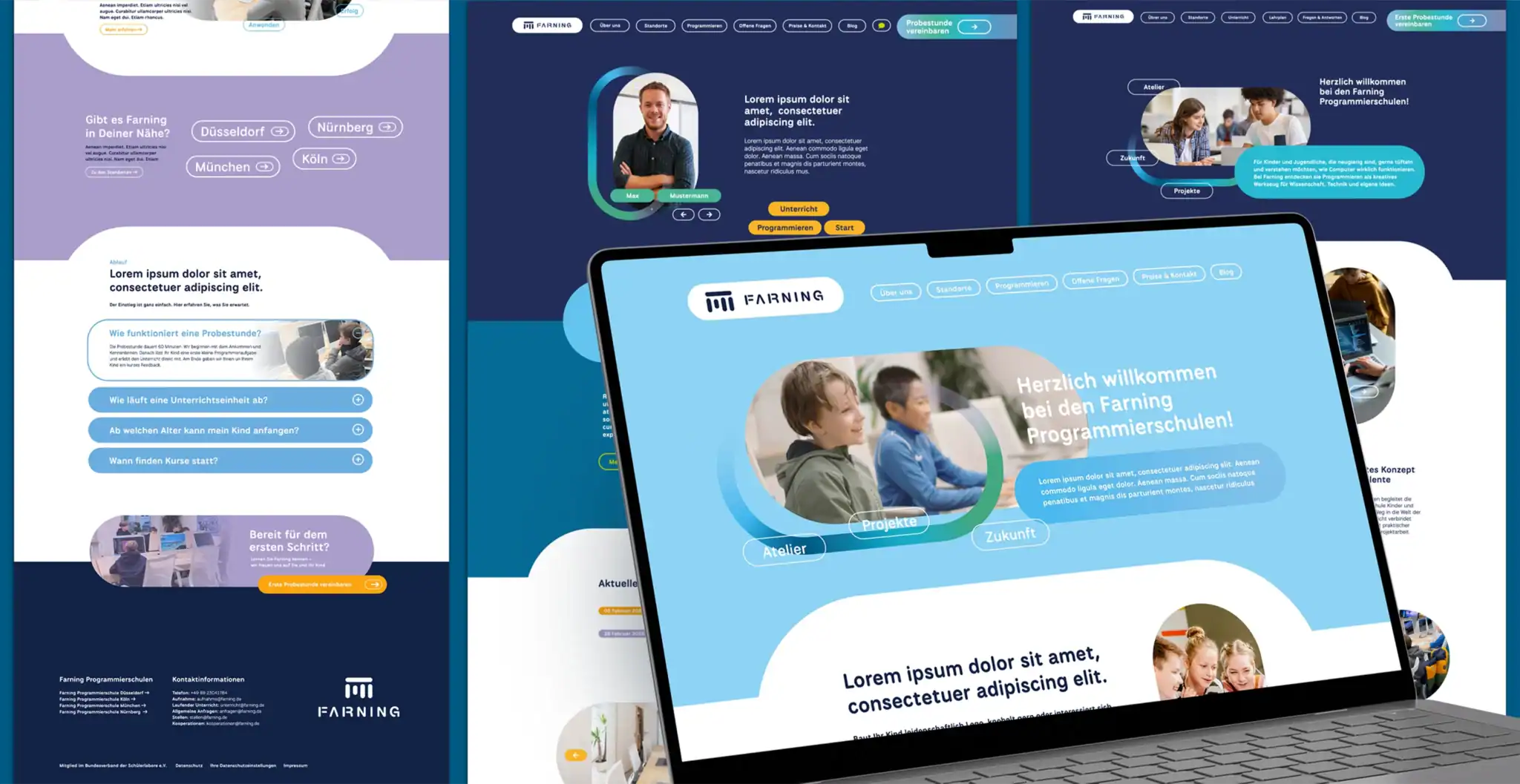 Web Design Portfolio: Responsives Website-Design für Farning Programmierschulen in Blau, Lila und Gelb