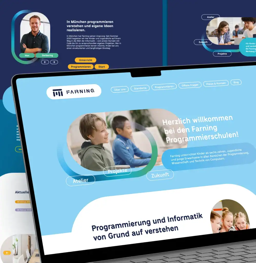 Webdesign-Konzept für Farning Programmierschulen – modernes UI mit blauem Layout und Kinder-Fotografie